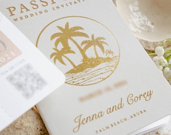 Invito a nozze in pelle vegana bianca con palme in lamina d'oro, matrimonio caraibico, matrimonio all'estero, invito a nozze in spiaggia