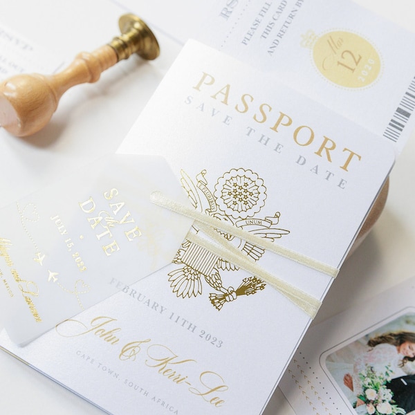 Luxury passport style save-the-date with real gold foil + parchment pendant, destination wedding, luxury, boarding pass
