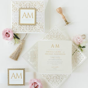 Laser cut wedding invitation ornament in square fold gold-champagne with belly bandage, wedding, banderole, glitter