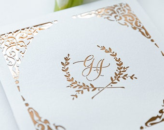 Pocketfold set roségoud boho vierkant met monogram, RSVP-kaart, instapkaart, luxe, pocketfold, huwelijksuitnodiging