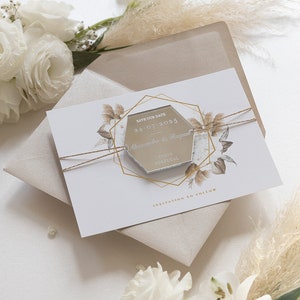 Save-the-Date-Karte Pampas Natur mit graviertem Goldfolien-Magnet Hexagon, Magnet, Spiegelmagnet, Boho-Hochzeit, STD