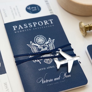 Passport Wedding Invitation in Navy Blue with Silver Foil + Boarding Pass, Destination Wedding, Luxury