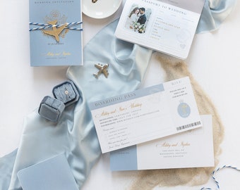 Passport Invitation - "Santorini" Blue/Gold with Engraved Airplane Tag, Destination Wedding, Abroad Wedding, Luxury, Boarding Pass