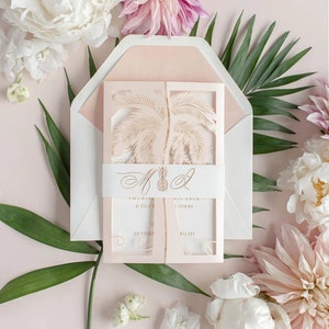 Tropische Hochzeitseinladung Rosa mit Palmen-Laserstanzung und Bauchbinde, Hochzeit, Einladung