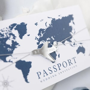 Navy Blue Passport in Pocket Folder + Boarding Pass with Silver Glitter, Silver Mirror Airplane Tag, Destination Wedding Invitation