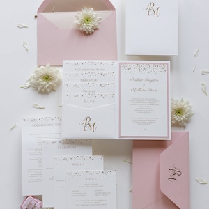 Pocketfold-Hochzeiteinladungs-Set "Dots" Blush Pink mit 4 Einlegern, RSVP-Karte, Luxus-Hochzeit, Einladung, Goldfolie, Monogramm