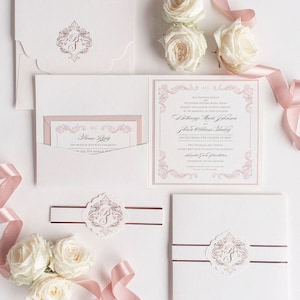 Quadratische Pocketfold-Hochzeitseinladung mit Bauchbinde und Rosegoldfolienprägung, Luxus, Monogramm, Goldfolie