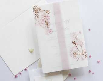 Set de invitación de pergamino "Cherry Blossom" con papel de oro rosa e inserciones, flor de cerezo, invitación de boda, primavera, elegante