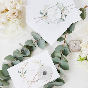 Save-the-Date Karte Hortensie mit graviertem Spiegelmagnet und Goldfolienprägung, Hochzeit, STD, Boho, florales Design, Gold, Silber