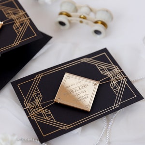 Save-the-Date Karte mit gold Spiegelmagnet im Art-Deco Stil und Great Gatsby Design, Magnet, Retro, Spiegelmagnet, Hochzeit, STD