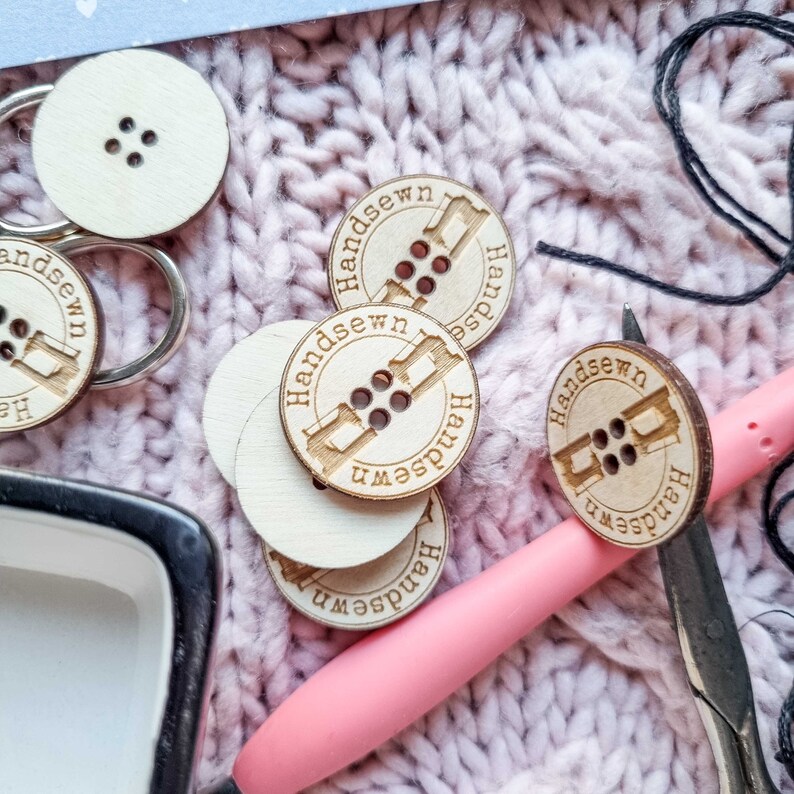 seamstress sewer wooden buttons with engraving and sewing machines for handmade sewing items Handsewn made with love for tailor
