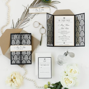 Lujosa invitación de boda en estilo Art Deco con patrón de puerta cortada con láser, sobre dorado y tobillo brillante, boda, retro