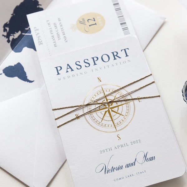 Passport Wedding Invitation Compass Design with Gold Foil and World Map, Destination Wedding, Abroad Wedding, Luxury, Boarding Pass