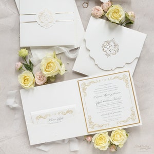 Quadratische Pocketfold-Hochzeitseinladung mit Bauchbinde und Goldfolienprägung, Luxus, Monogramm, Goldfolie