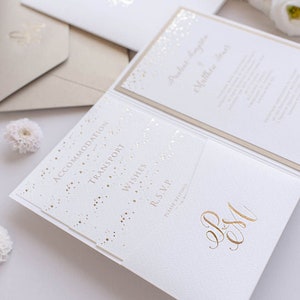 Pocketfold-Hochzeiteinladungs-Set "Dots" Gold mit 4 Einlegern, RSVP-Karte, Luxus-Hochzeit, Einladung, Goldfolie, Monogramm