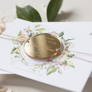 Save-the-Date Karte mit graviertem Kreis-Spiegelmagnet Floral, Magnet, Gold, Hochzeit, STD, Blumen, Kreis, Rund