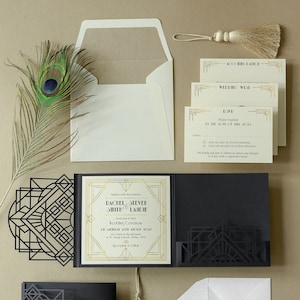 Invitación de boda plegable con láser Laser Cut Deluxe Black Art Deco & Great Gatsby Design con 3 inserciones, tarjeta RSVP, lujo, pliegue de bolsillo