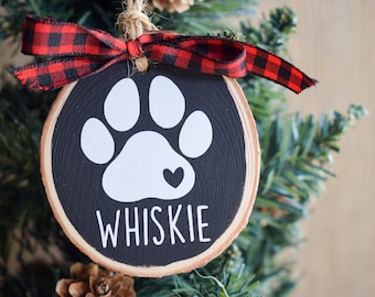 Personalized Dog Paw Ornament with Name | Custom Painted Wood Slice Ornament | Customized Dog Gift | Christmas, Memorial, Birthday for Dog