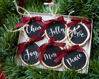 Set of 6 Holiday Wood Ornaments | Jolly, Joy, Peace, Love, Merry and Cheer