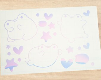 Holographic Cute Frogs Decal Sheet | Kawaii Froggy Animal Holographic Shiny Vinyl Decal | Customize Laptop, Tablet, Switch, etc