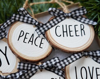 Set of 6 Holiday Wood Ornaments | Jolly, Joy, Peace, Love, Merry and Cheer