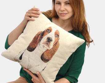 Basset Hound Pillow Case. 18 x 18 cushion cover. Tapestry pillow case. Father day gift. Birthday present. Dog lover gift