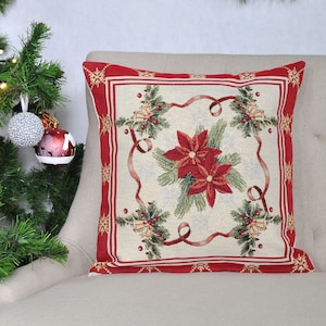 Christmas throw pillow with Christmas bells and poinsettia flowers, Christmas pillowcase for modern Christmas decorations, housewarming gift