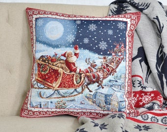 Christmas pillow cover Santa Claus Sleigh with Reindeer at night, rustic home decoration, modern holiday decor, first Christmas in new home
