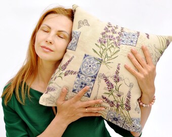 Pillow cover with lavender flowers and blue geometric ornaments. Tapestry floral pillow cover. Birthday gift for mom, grandma