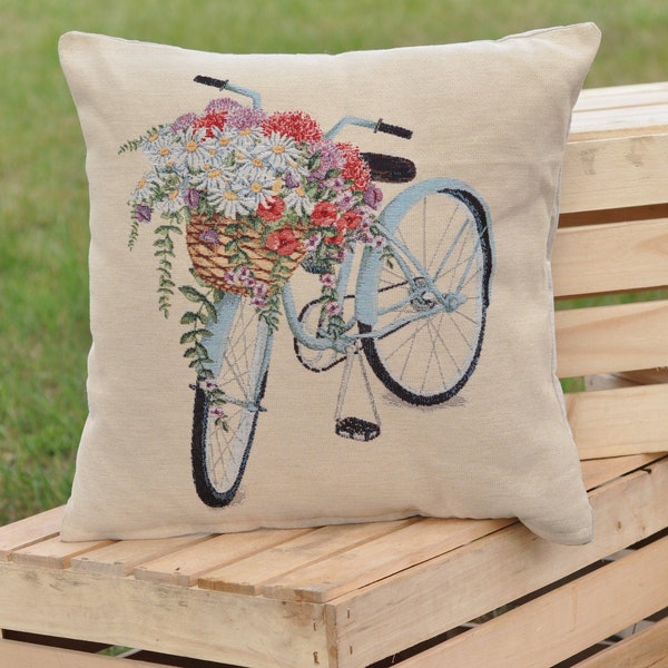 Tapestry Farmhouse Pillow Case. 18 x 18 cushion cover. Bicycle basket pillow.. Tapestry floral pillow cover. Birthday gift for mom, grandma