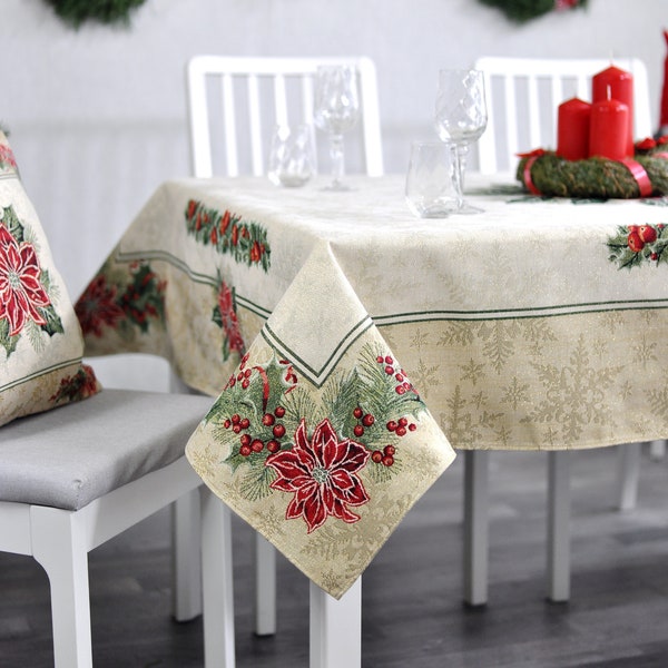 Nappe de Noël avec fleur de Noël, Nappe rectangulaire pour un décor de Noël moderne, décoration de table de Noël festive avec poinsettia