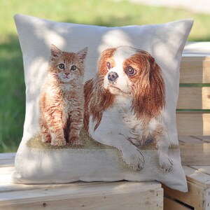 Beige Throw pillow with brown Cavalier King Charles Spaniel and  brown cat. Housewarming cushion cover. Perfect gift for cat and dog lover