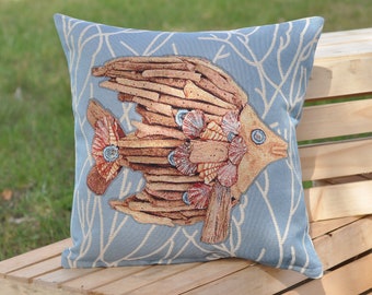 Blue pillow case with brown wooden fish. Tapestry fabric Throw pillow for nautical decor Fathers day gift. Birthday present