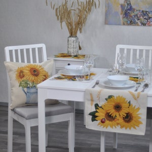 Tapestry table runners with yellow sunflowers and ladybirds. Jacquard table runners, Fall table decor