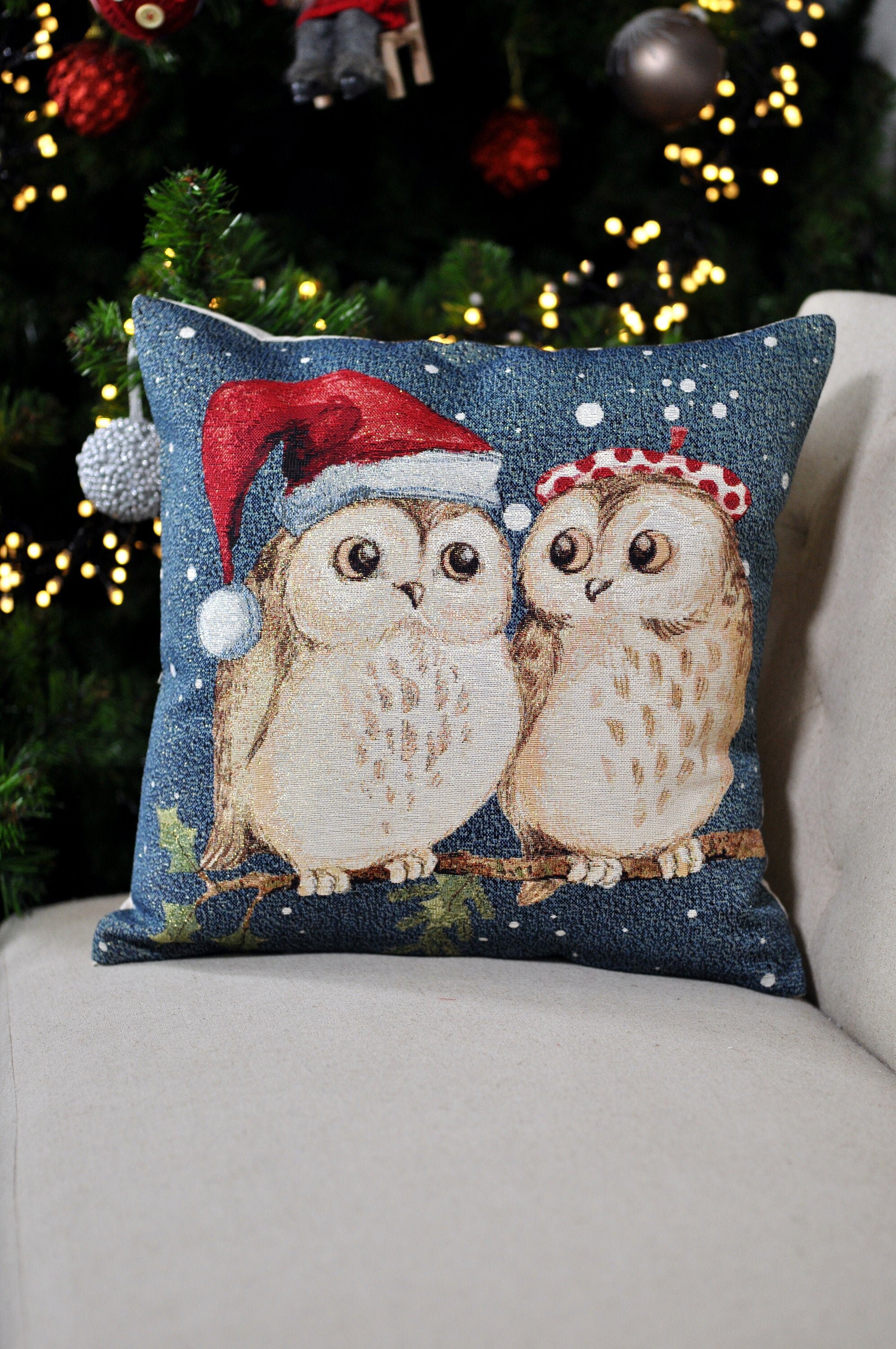 Blue Christmas cushion cover with two owls with Christmas hats. Holiday Home Decor, A great Christma