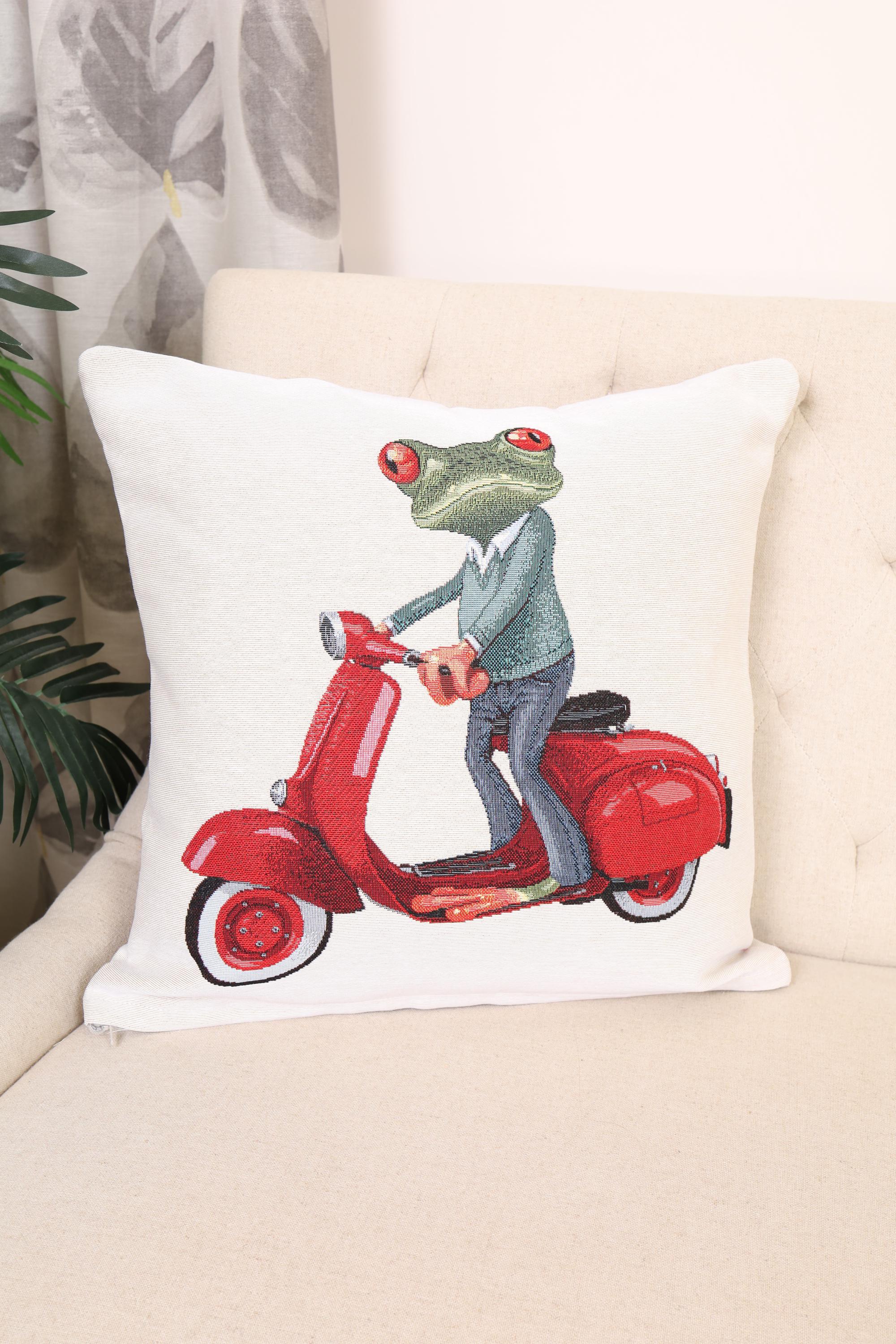 Frog on a Moped Double-Sided Cushion Cover | 18x18" pillow cover | Tapestry throw pillow | Modern home decor | Sleek pillowcase