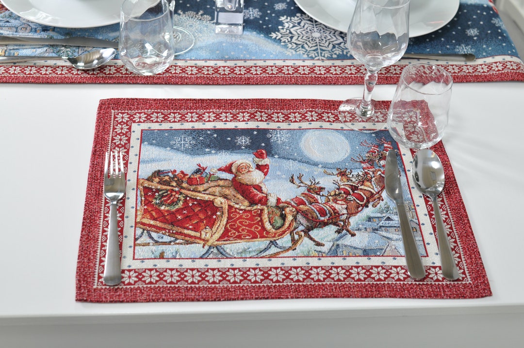 Blue Christmas Placemats Set With Santa Claus Sleigh and Etsy