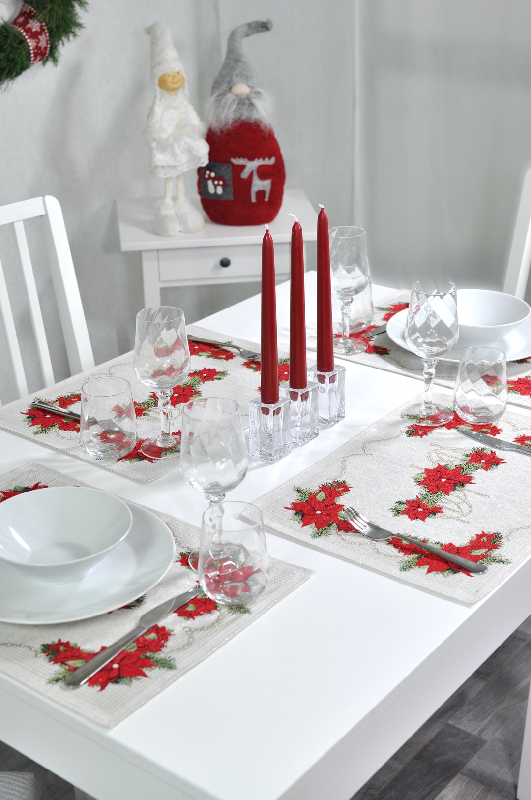 Silver Christmas Placemats Set With Red Poinsettia Flowers, Modern