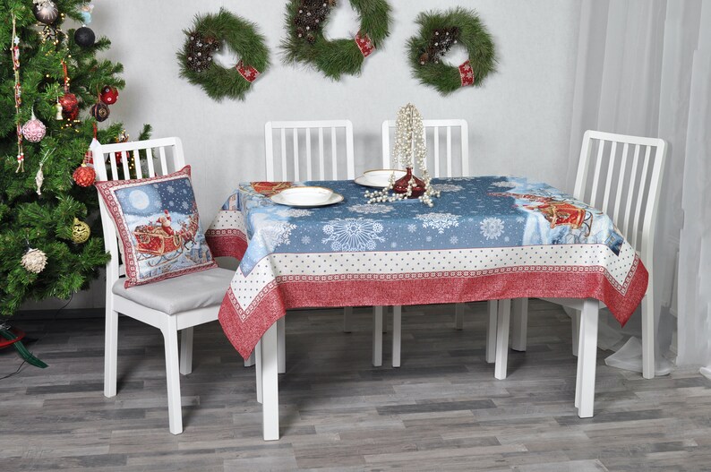 Blue Christmas Tablecloth Santa Sleigh and Reindeer Tapestry Etsy