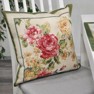 Floral Tapestry Pillow Cover: Green Peony Cushion (18x18)