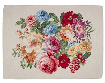 Set of 2, 4, 6, Beige Tapestry placemats with Peony flowers | roses and rosehip flowers | Summer placemat