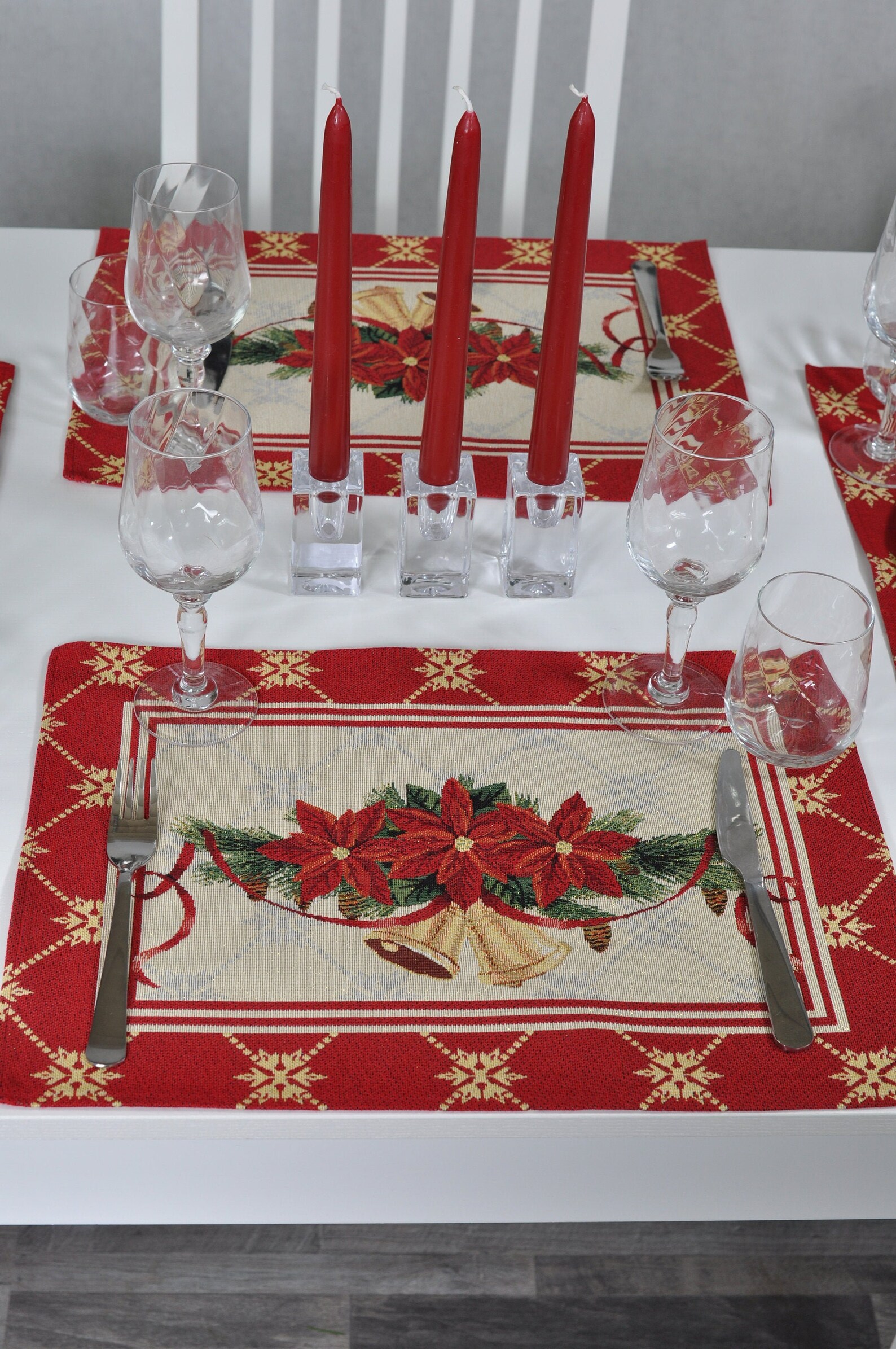 Set of 4 6 8 Placemats With Christmas Bells and Poinsettia Etsy