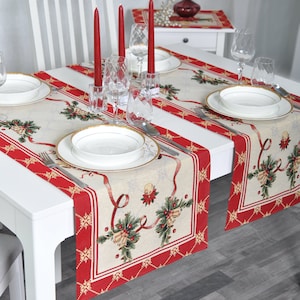 Christmas Table runner with Christmas bells and poinsettia flower Holiday table runner festive Christmas table decoration, housewarming gift