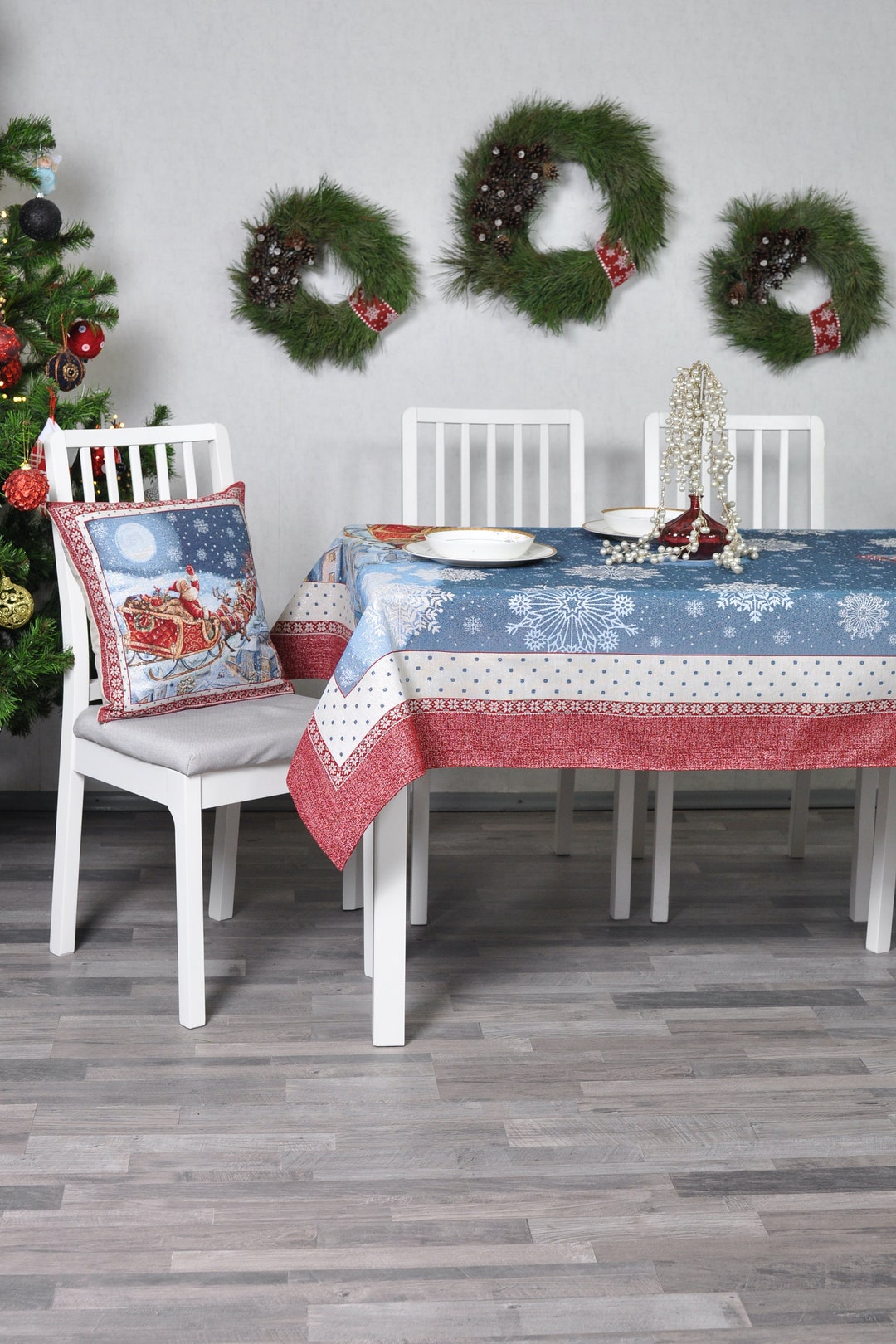 Blue Christmas Tablecloth Santa Sleigh and Reindeer, Tapestry Table