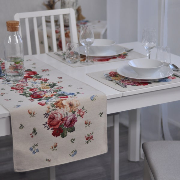 Tapestry Table runner with colorful peonies, roses and rosehip flowers. Jacquard table runners. Housewarming gift