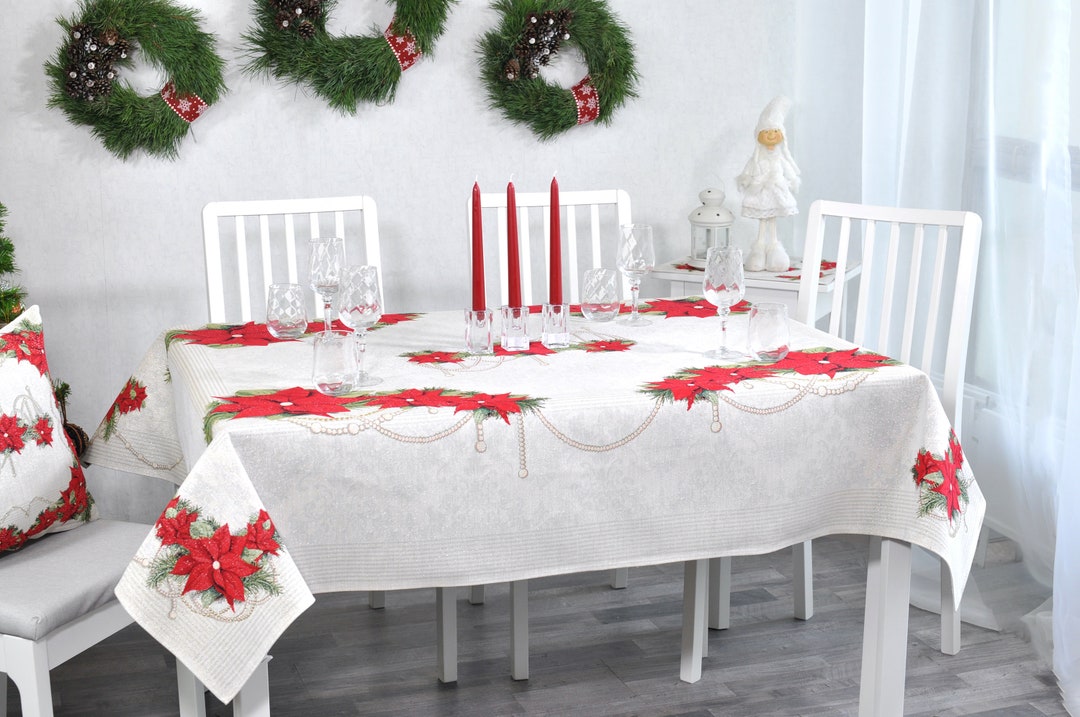 Silver Christmas Tablecloth With Red Christmas Flower,poinsettia Flower