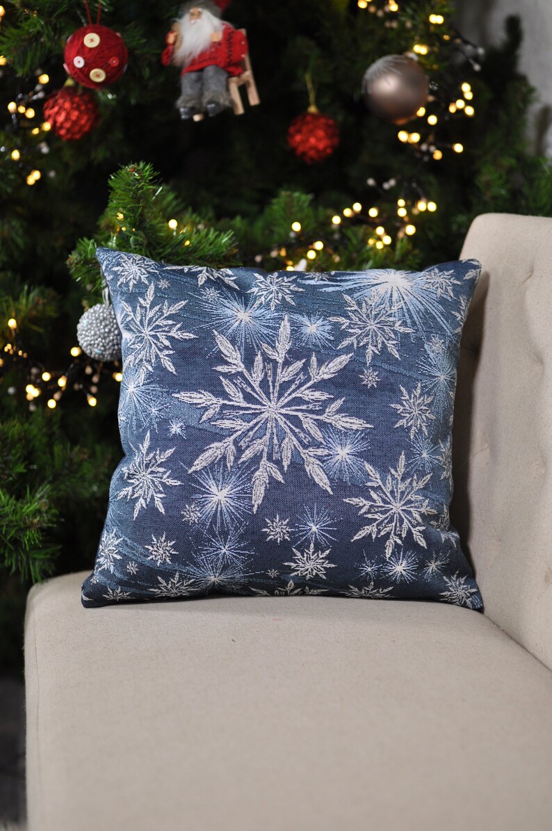 Blue Christmas Pillow Cover With White Snowflakes. Blue Etsy