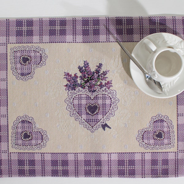 Purple Jaquard Placemats set with lavender and hearts, French Style Tabletop Decor, Provence Style Placemat, Lavender Dining Room Decor