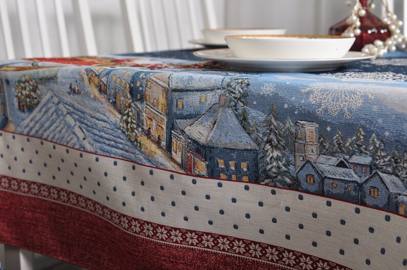 Blue Christmas Tablecloth Santa Sleigh and Reindeer Tapestry Etsy