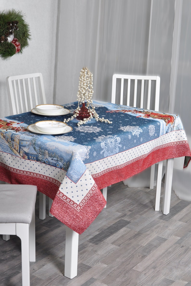 Blue Christmas Tablecloth Santa Sleigh and Reindeer Tapestry Etsy